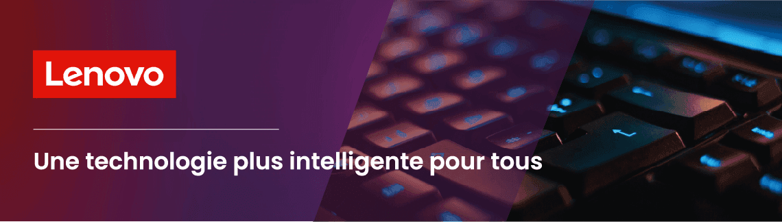 Lenovo logo and slogan 'Une technologie plus intelligente pour tous' over a blue backlit keyboard.
